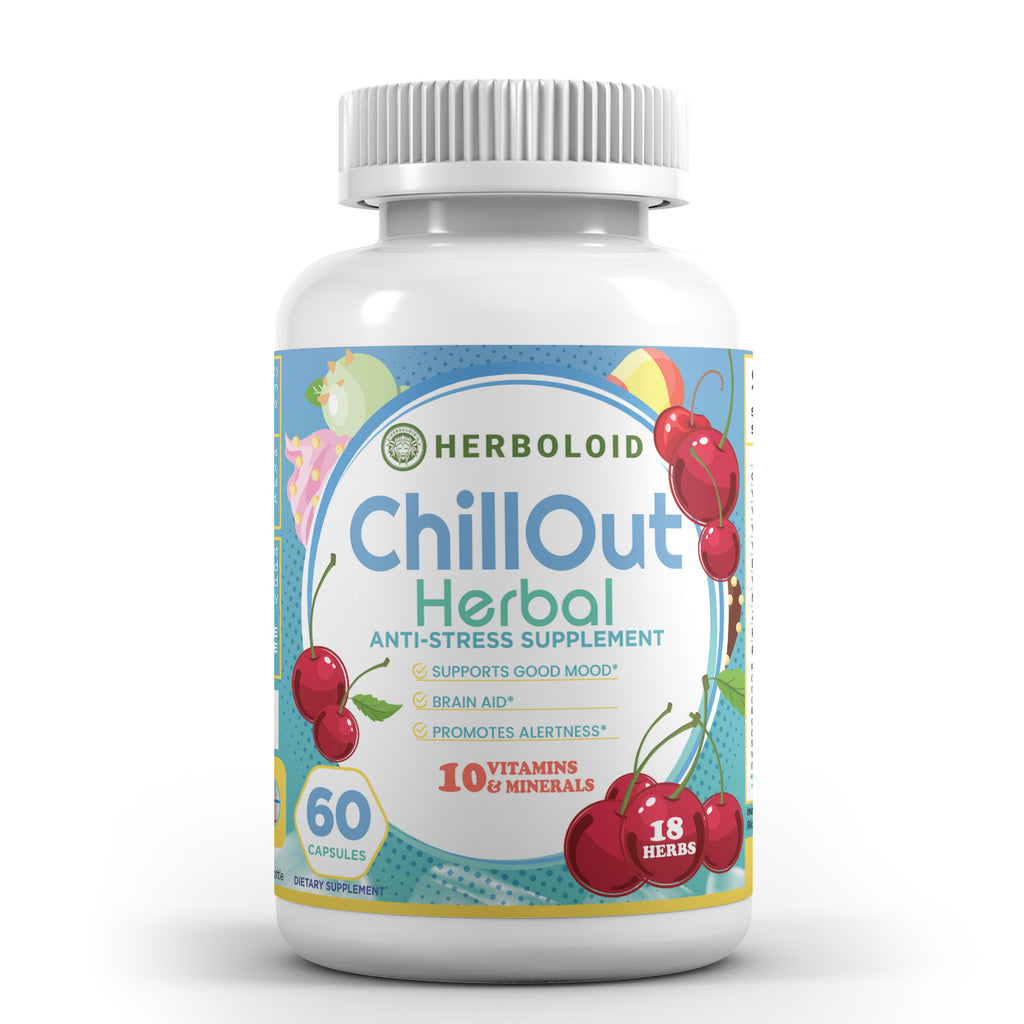 Herboloid Chillout Herbal Anti-Stress All-Natural Supplement I Drug Free Relaxation, Sleep Aid, Anxiety Aid I Ashwagandha, Chamomile, GABA, Lemon Balm, Skullcap, Valerian, L-Theanine