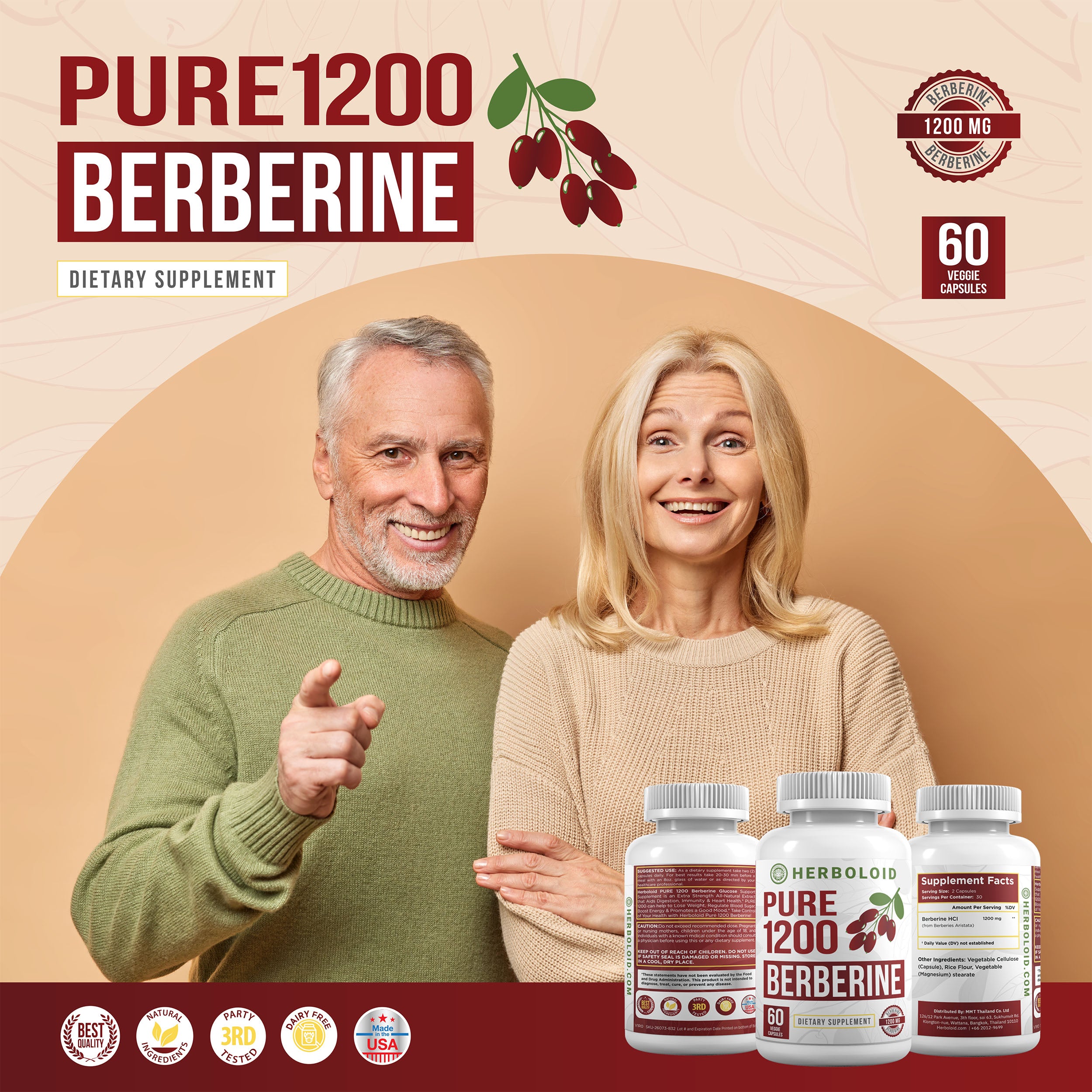 FLASH SALE Herboloid Pure 1200 Berberine Glucose Support Supplement Blood Sugar, Cholesterol, Immune, Weight Loss, Heart, Mood & Energy Aid